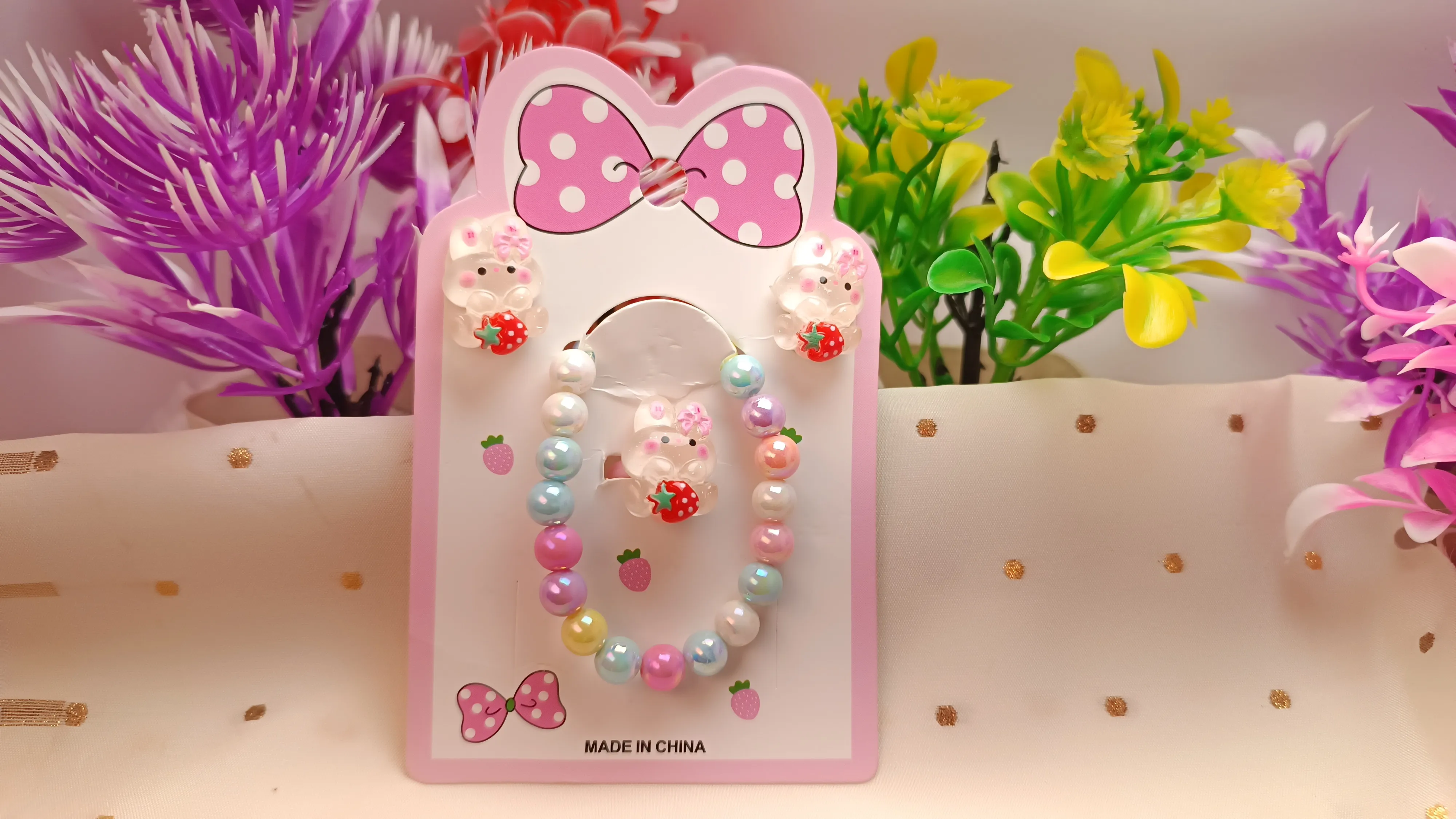 Kids' 4-Piece Pastel Jewelry Set – Includes Stretch Bracelet, Adjustable Ring, and Clip-On Earrings